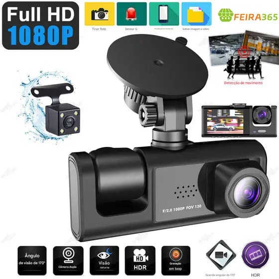 Espelho Retrovisor Dashcam WiFi 3 Lentes 64GB, Gravação HD 1080P Frente e Traseira, Monitoramento 24h