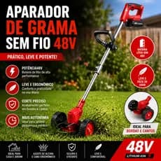 Roçadeira Aparador Sem Fio 48V Kit com Dupla Bateria, Haste Extensível e Três Lâminas para Capina