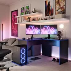 Escrivaninha Em L Mesa Para Computador Gamer Em Madeira Azul Casa Lustre