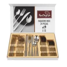Faqueiro Talheres Inox 24 Peças Aparelho de Jantar Almoço Refeição Mesa
