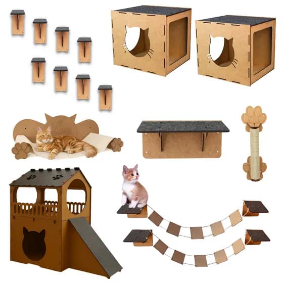 Kit Playground Para Gatos Mdf  Degraus Ponte Nicho Cama Descanso Casinha Arranhador