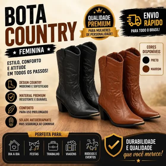 Bota Country Texana Western Vizzano Feminina Cano Médio Inverno Confortável Versátil Moda Rodeio e Cavalgada
