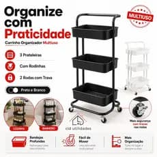 Carrinho organizador multiuso 3 Andares com rodinhas Alça Auxiliar Em Aço Fruteira Cozinha Banheiro Manicure