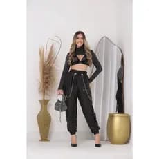 CALÇA CARGO JOGGER FEMININA EN POLIESTER FINO COM CORRENTES ESTILO ATEMPORAL