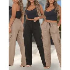 Calça Social Feminina Modelo Pantalona de Tactel Cargo Wide Leg – Luxo, Estilo Blogueira e Moda Casual