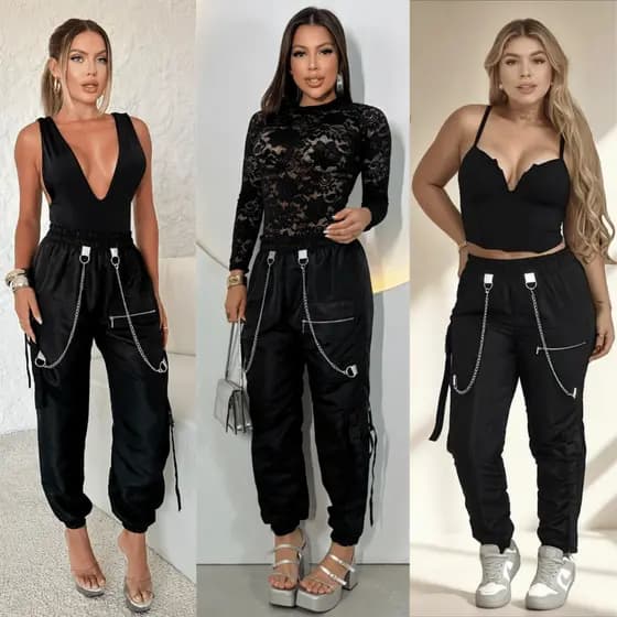 calça pantalona feminina jogger tactel bolso e corrente moda estilosa gringa