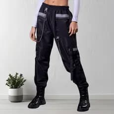 CALÇA CARGO JOGGER TACTEL FEMININO COM ZÍPER, REFLETIVOS E CORRENTES REMOVÍVEIS