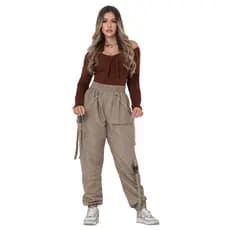 CALÇA JOGGER FEMININA LONGA BEGE AREIA URBANA DUPLA CORRENTE EM POLIESTER FINO E BOLSOS FUNCIONAL