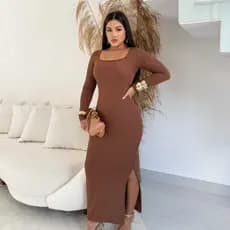 Vestido Longo Básico Manga Longa Fenda, Casual, Moda Feminina, Básico