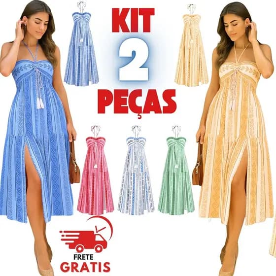 Kits de 2 Vestidos Boho Tribal Verão Tomara que Caia, Sem Bojo, Costas com Lastex, Vestido MIDI