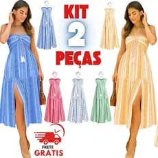 Kits de 2 Vestidos Boho Tribal Verão Tomara que Caia, Sem Bojo, Costas com Lastex, Vestido MIDI