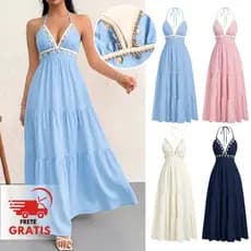 Vestido Feminino Longo Boho Chic Verão Casual Festa Alça Regulável Premium