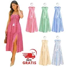 Vestido Midi Boho Tribal com Fenda, Crepinho Fresco, Sem Bojo, Costas com Elastex – Kristal Unique