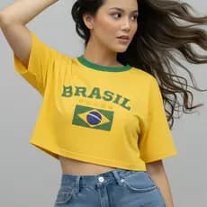 Cropped Oversized Brasil Feminino 100% Algodão Camiseta Copa Do Mundo Bandeira