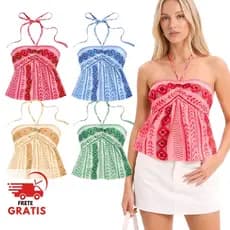 Blusa Feminina Boho Tribal Top Halter com Lastex e Amarração Pescoço Verão- Carnaval, Festa