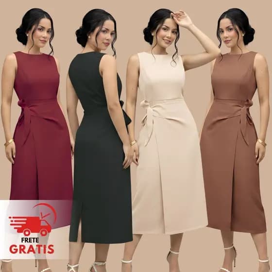 Vestido Feminino Midi Alfaiataria Elegante Social Amarração Lateral Moda Evangélica