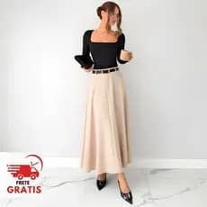 Saia Longa Alfaiataria Feminina Rodada Moda Evangélica Cintura Alta Elegante Inverno Tendência Luxo