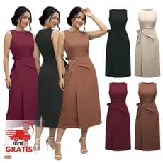 Vestido Social Feminino Midi Alfaiataria Amarração Cintura Tendência Luxo 2026