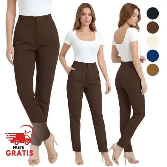 Calça Alfaiataria Feminina Cintura Alta Lisa Elegante Estilo Minimalista
