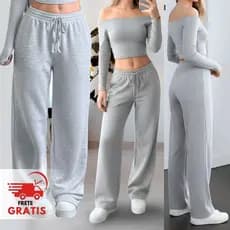 Calça Pantalona Moletom Feminina Larga Cintura Alta Tendência Moletom Casual Blogueira