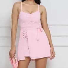 Macaquinho Duna Feminino Short Saia Amarração Frontal Elegante Festa