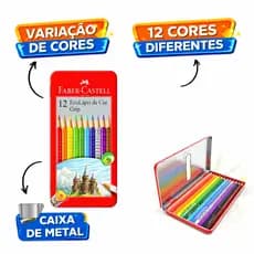 Lápis de Cor Grip  Faber Castell Estojo Lata 12 Cores Infatil Escolar Colorir