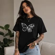Camiseta Feminina Borboleta Floral Premium | T-Shirt 100% Algodão