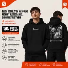 Blusa de Moletom Masculino Respect Blessed Angel Canguru Streetwear Lançamento Envio Imediato Premium