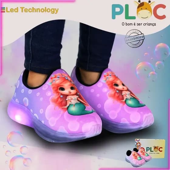 Tênis Led Tecnology Cores Ploc Pisou Piscou Personagens - Sereia Loira