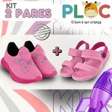 Kit 2 Pares: Tênis Calce Fácil Borboletas Jogging Ploc Menina + Papete Rosa