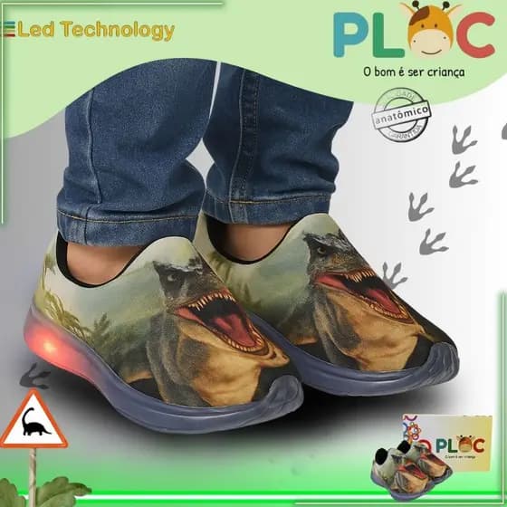 Tênis Led Infantil PLOC LED DINOSSAURO Menino  Calce Fácil Leve Flexível Confortável Anatômico