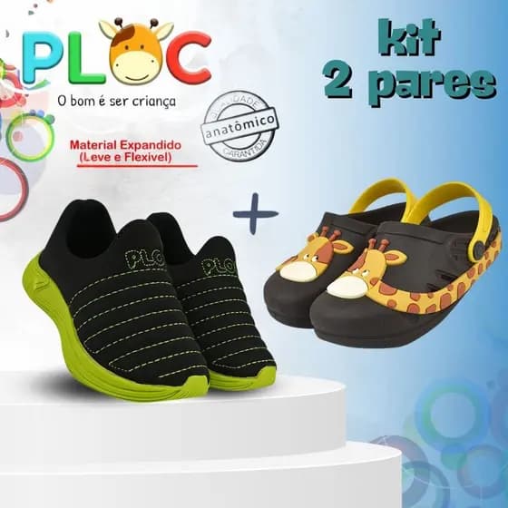 KIT 2 PARES PLOC - 1 TÊNIS COLORS MENINO + 1 BABUCHE   (Bab34 GIRAFA PLOC )