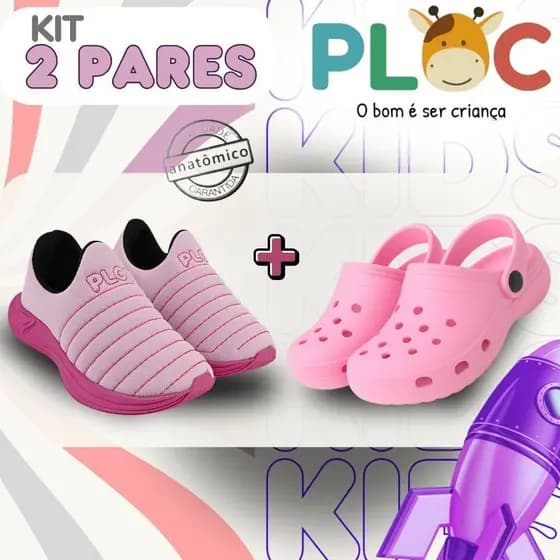 Kit 2 Pares: Tênis Calce Fácil Colors Ploc + Babuche Rosa
