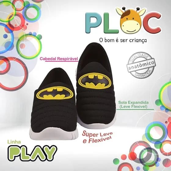 Tênis Infantil Menino Meia Calce Fácil Leve Flexível Confortável Anatômico PLOC P40 - BATMAN BRASÃO