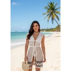 Saída de Praia Curta Tricot Amarração Moda Praia Piscina Casual Leve Crochê Verão Trico