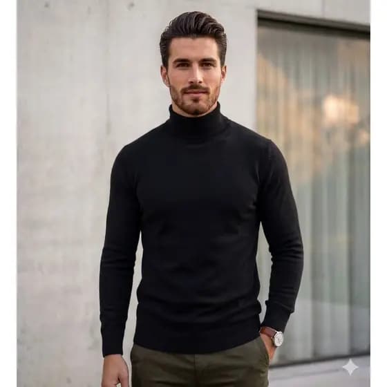 Cacharrel Blusa Trico Sueter Frio Lã Masculina Canelada Gola Alta Tricot Masculino Inverno Estilo