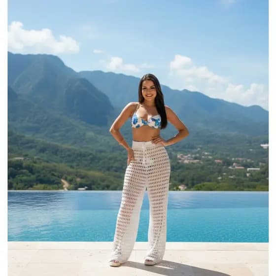 Calça Pantalona Saída de Praia Trico Moda Praia Tricot Crochê Leve Casual Piscina