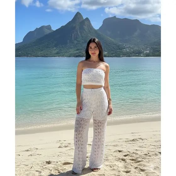 Conjunto Saída De Praia Calça Rendada Cropped Tricot Verão Elegante Leve Trico Banho Casual