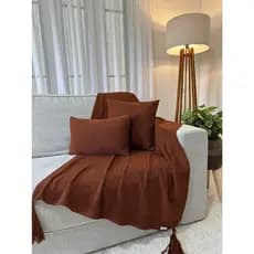 Kit Peseira Manta Decorativa Pompom Sofá Sala Cama Luxo Tricot 150x90cm + 2 Capas Luxo 45x45cm