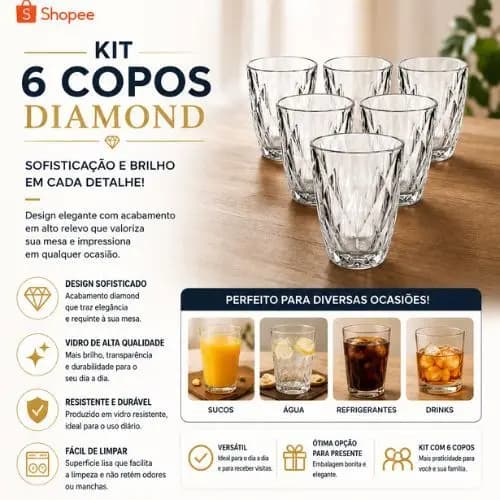 Jogo 6 Copos Diamond Vidro 300ml Copos Elegantes e Resistentes