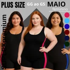 Maiô Plus Size Feminino Macaquinho de Natação e Hidroginástica Curto em Suplex com Faixa Lateral sem Touca – do GG ao G5