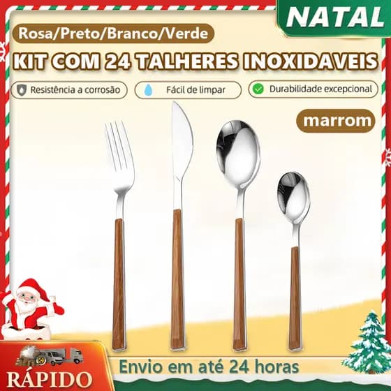 Jogo De Talheres Faqueiro 24 Peças Aço Inox, Alças De Madeira Designer Lindo Fácil de limpar, resistente à corrosão