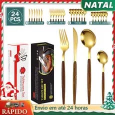 Kit 24 Peças Aço Inoxidável 430 Jogo De Talheres Ouro Negro Alças De Madeira