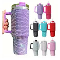 Novidade!  Térmico 1200ml Copo Com Strass Brilhante Com Alça Tampa E Canudo de Plastico