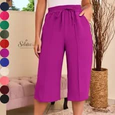 PANTACOUR Feminino Liso Tecido Duna Calça Com Bolso até Canela Verão