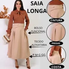 Saia Longa Feminina Com Pregas Em Tecido Alfaiataria Bolso Funcional e Detalhe Botão