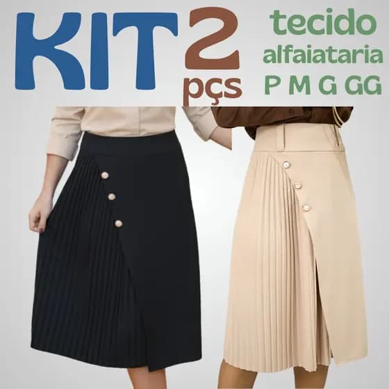 Kit 2 Saias Midi Plissadas Alfaiataria Feminina detalhe capa e Botões – Elegante P M G GG