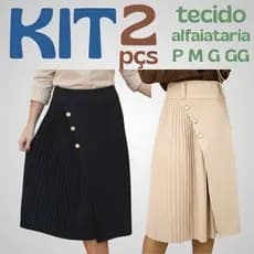 Kit 2 Saias Midi Plissadas Alfaiataria Feminina detalhe capa e Botões – Elegante P M G GG