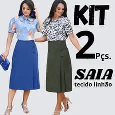 Kit 2, saia mídi feminina plissada 3 botão tecido linhão, zíper nas costas, moda evangélica.