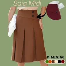 Saia Midi Feminina Plissada do P ao G2 Detalhe 2 Botão Tecido Linhão Moda Evangélica Elegante Social